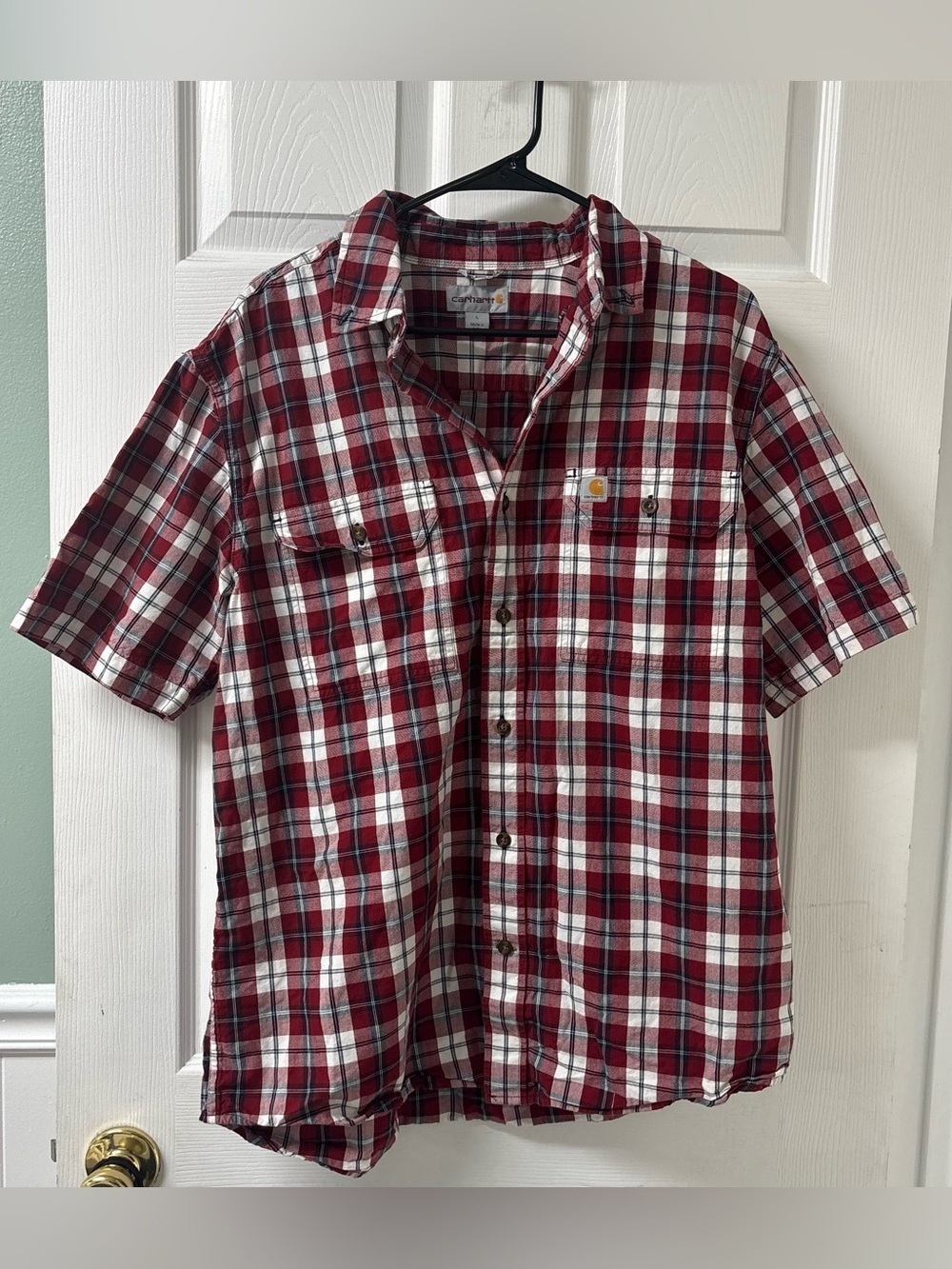 Carhartt Relaxed Fit 100% Cotton Red Plaid Short-Sleeve Button-Up Shirt Men’s L